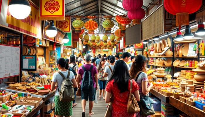A diverse group of tourists interacting with local artisans in a vibrant market filled with traditional crafts, cultural performances, and authentic cuisine surrounded by colourful heritage decorations.