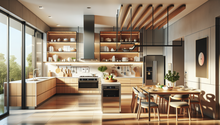Modern Sandton kitchen featuring sleek energy-efficient appliances, custom cabinetry with open shelves, and Johannesburg-inspired designs in warm natural light.