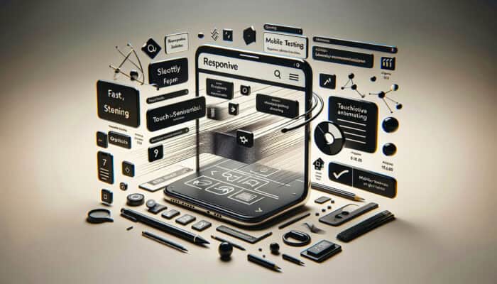 A sleek smartphone displaying a responsive website featuring fast animations, large touch buttons, clear fonts, and icons of SEO and testing tools.