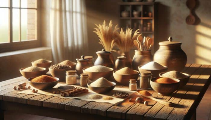 Top Comfort Food Recipes for Friends: Rustic wooden table with oats, rice, cumin seeds, coriander powder, and cinnamon sticks in a cozy, golden-lit kitchen.