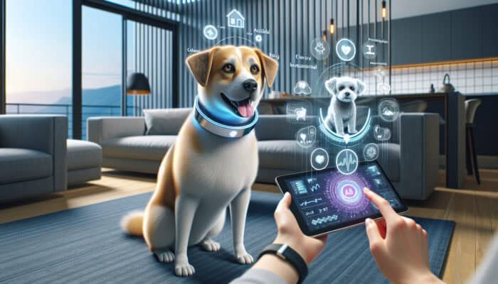 A joyful dog wearing a futuristic AI collar in a modern home, with holographic activity insights displayed on a tablet held by a smiling owner.