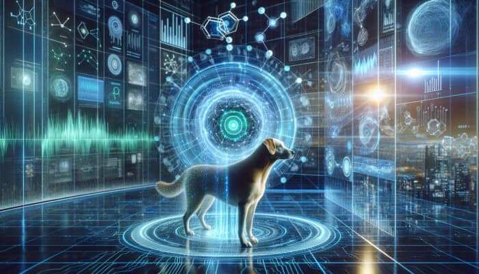 A curious dog in a high-tech lab with glowing blue and green holographic neural networks analysing behaviour and processing data graphs.