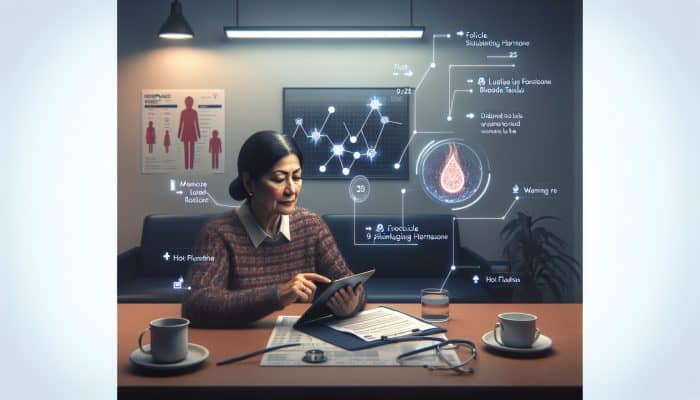 Middle-aged woman in clinic reviews menopause blood test on tablet, with rising FSH graphs, fading estrogen icons, and hot flash flames.