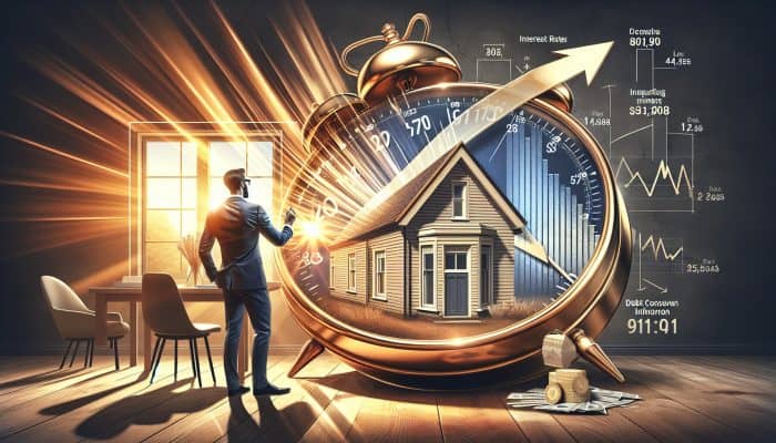 Consolidating Debt Before Remortgaging: Key Strategies | DCL Confident UK homeowner in modern living room examines clock and financial charts showing declining interest rates and a stable home.