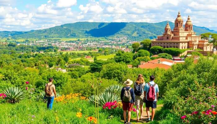 Tourists exploring lush landscapes and diverse wildlife on an eco-tour in San Miguel de Allende, surrounded by colourful flora and traditional architecture.