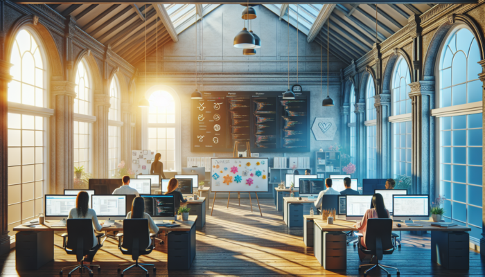 A modern WordPress agency office in Wincanton: developers coding on laptops, agile boards with plans, and vibrant mockups in natural light.