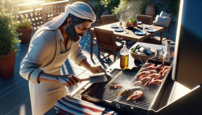 A person scraping and oiling a barbecue grill with a wire brush, with fresh shrimp and fish nearby on a sunny patio.