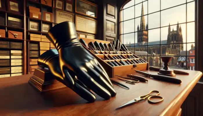 Black latex gauntlet gloves displayed on a wooden counter in a historic Lichfield shop, with a cathedral spire visible through the window illuminated in golden light.