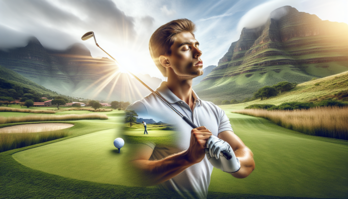 South African golfer with sun-kissed skin visualises perfect swing on lush green course amid Drakensberg Mountains.