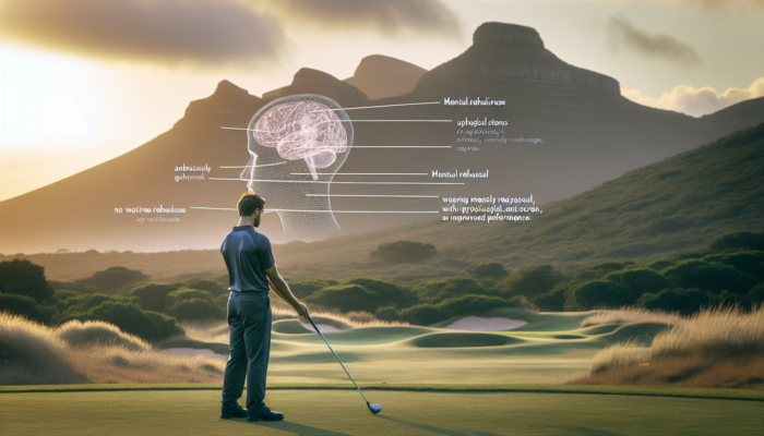 A focused golfer visualises precise swings on a dawn-lit South African course, surrounded by rolling hills and indigenous flora.