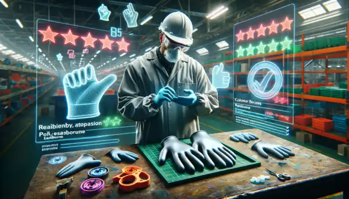 A worker in Eastbourne examines polythene gauntlet gloves on a bench, surrounded by holographic customer reviews, ratings, and UK safety icons.