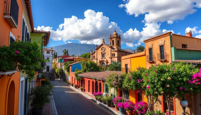 San Miguel de Allende's vibrant colonial architecture, colourful buildings, cobblestone streets, and iconic Parroquia under a blue sky with lush greenery.