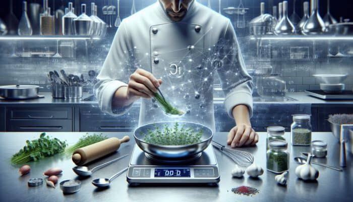 In a gleaming Michelin kitchen, a chef weighs fresh herbs on a high-tech digital scale with 0.1g precision, surrounded by utensils.