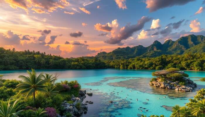 Vibrant Belize landscape featuring lush rainforests with exotic wildlife, turquoise Barrier Reef with colourful coral and fish, and rugged Maya Mountains at sunset.