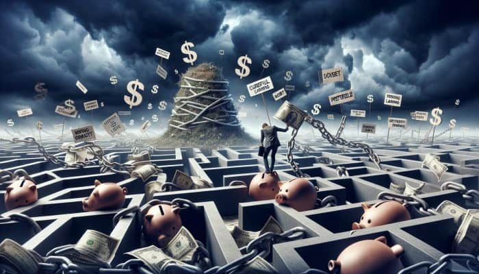 Debt Consolidation vs Bankruptcy Explained: Pros and Cons | DCL A stressed borrower navigates towering debt chains under stormy skies, with broken piggy banks and tangled financial documents.