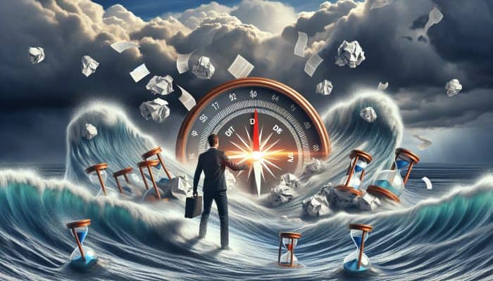 Determined worker on zero-hours contract navigates stormy sea of debt bills with glowing debt consolidation compass under turbulent sky.