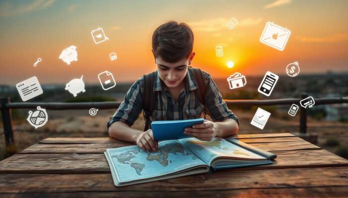 Young traveler at rustic table reviewing budget notebook and map, with floating icons of piggy banks and apps under sunset sky.