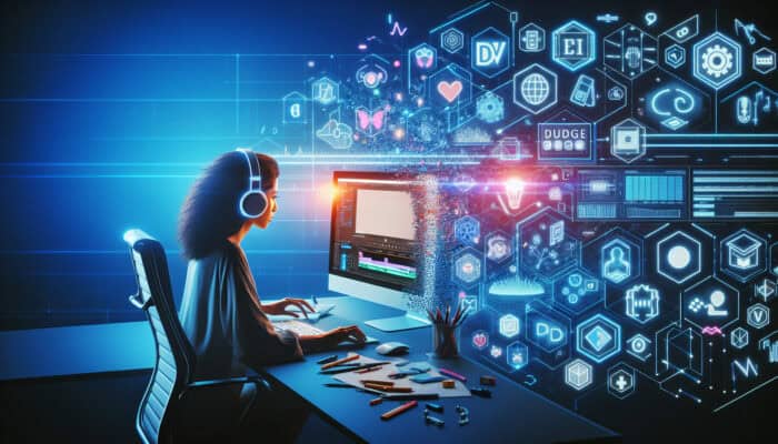 Creator editing a video ad on Canva at a sleek desk, surrounded by icons of DaVinci Resolve and HitFilm Express in soft blue lighting.