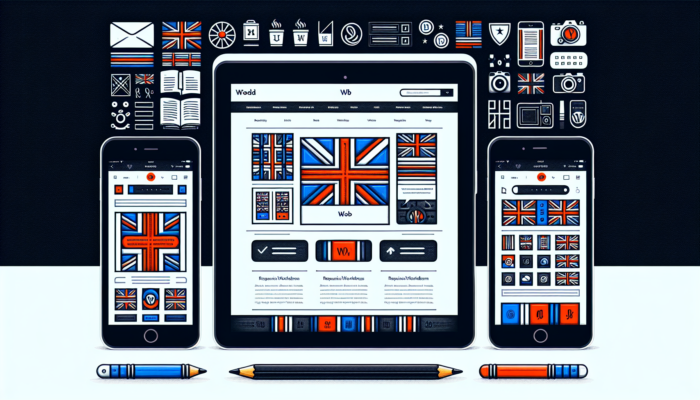 WordPress Website Design Company in Yate: Illustration of a responsive WordPress website on smartphone, tablet, and laptop, featuring Union Jack, intuitive UI, and localized UK content.