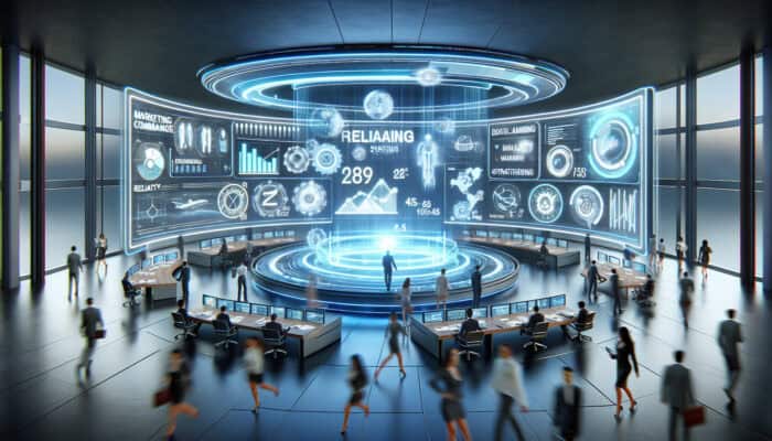 A futuristic command centre with holographic screens displaying real-time data analysis, as marketers adapt strategies amid digital streams.
