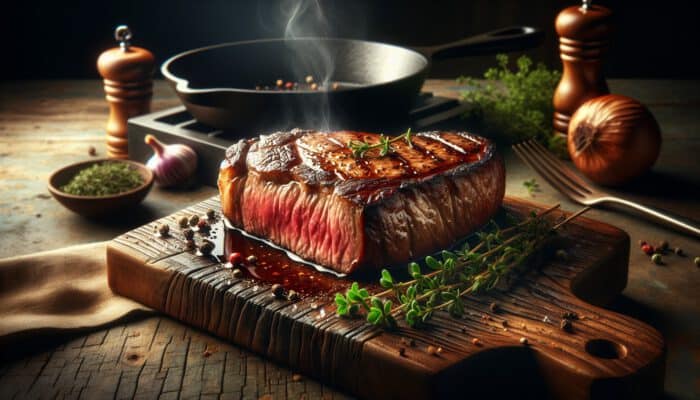 Reverse-seared steak with golden crust and pink interior on wooden board, steam rising, surrounded by herbs and cast-iron pan.