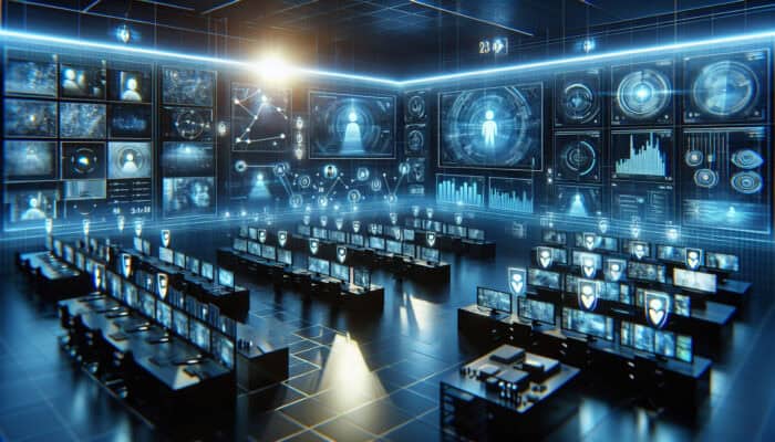 High-tech surveillance room with screens displaying real-time AI detection of faces and objects via glowing data streams in a dimly lit blue environment.