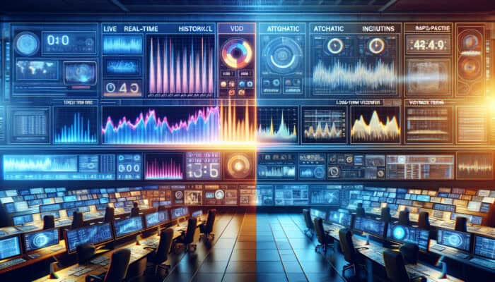 A high-tech control room with a split screen: one side displays live video metrics with flashing alerts, the other showcases archival graphs of viewer trends.