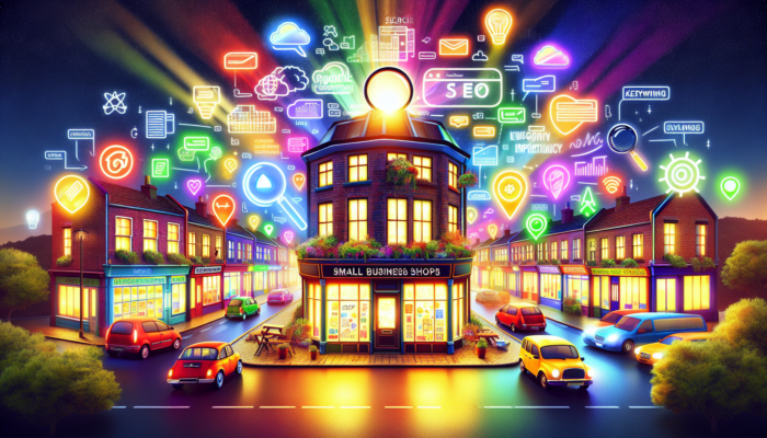 A bustling UK high street with small shops, one illuminated by glowing SEO elements like traffic graphs and keyword clouds, symbolizing growth.