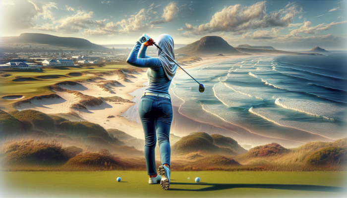 A professional golfer executes a balanced swing with hip rotation on a windy Eastern Cape beach, showing power and control.