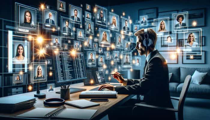 A recruiter in a modern home office reviews resumes and video interviews on multiple screens, surrounded by headsets, laptops, and glowing candidate charts.