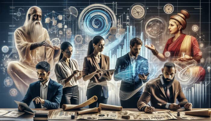Diverse professionals in a modern office analyze holographic KPIs and charts, surrounded by ancient scrolls and timelines symbolizing legacy and growth.
