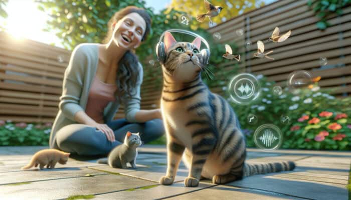 A curious tabby cat with a sleek hearing device sits alert in a sunny garden, listening to birds and playfully interacting with its smiling owner and another pet, radiating happiness.