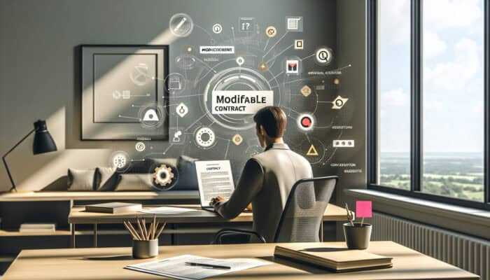 A beginner reviews a contract template on a laptop at a modern desk, surrounded by diagrams, legal icons, and sticky notes in a bright home office.