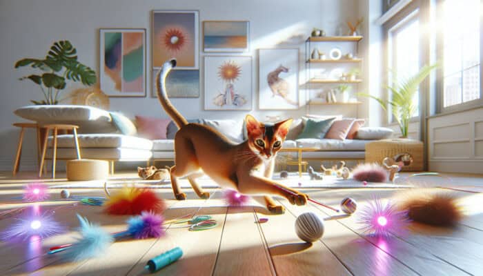 An Abyssinian cat with ruddy fur energetically plays with feather wands and laser pointers in a sunlit living room.