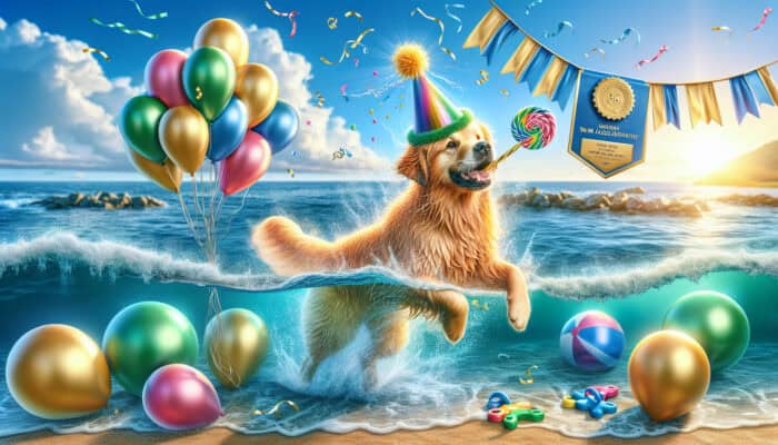 A joyful golden retriever splashes in sunny ocean waves, wearing a party hat, surrounded by beach balloons and a milestone banner, with excited owner cheering.