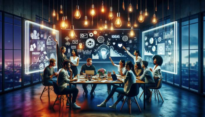 Diverse team brainstorms in a modern advertising agency, surrounded by sketches, screens with viral campaigns, strategy charts, and idea lightbulbs in vibrant colors.