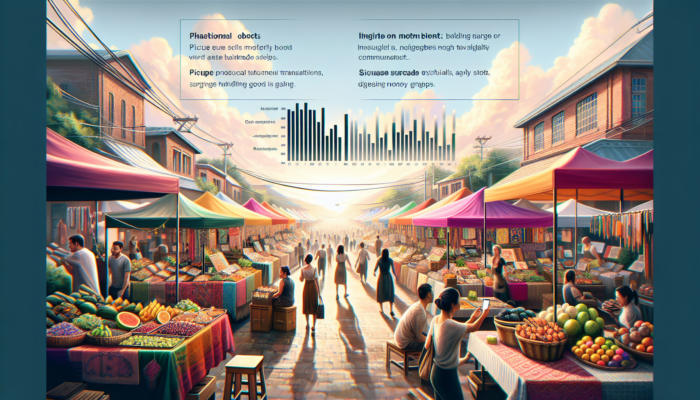 Bustling local market with WooCommerce stalls displaying handmade goods on screens, customers browsing applications, rising sales graphs under a sunny sky.