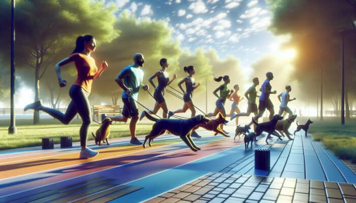 Energetic owners and playful dogs jog and do agility drills in a sunny park, promoting cardiovascular health and joyful bonds.