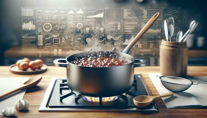 A cast iron saucepan simmers rich sauce on a stove, with a fine-mesh strainer and wooden spoon on a clean counter.