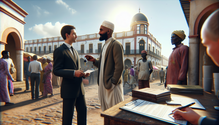 In Makhanda, a real estate agent discusses rental agreements with tenants outside a historic colonial building, under a bright sunny sky with market stalls and locals.
