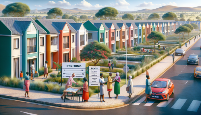 Vibrant street scene in Makhanda featuring modern apartments, townhouses, and individuals negotiating rents near shops and parks under a sunny sky.