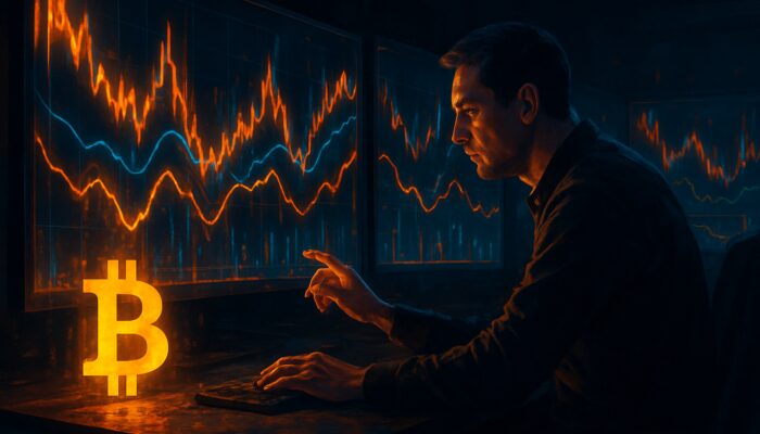 Dynamic crypto dashboard with glowing VWAP lines on volatile Bitcoin charts and focused trader.