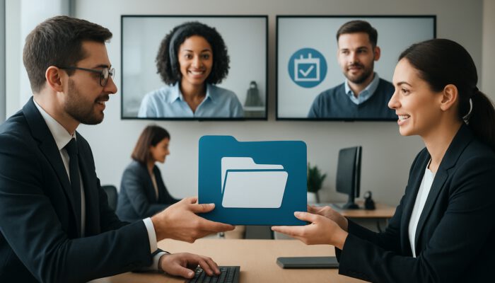 Bustling office: Professionals handing off digital folders for admin outsourcing, with data entry and scheduling icons.