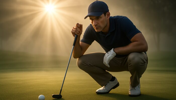 Determined golfer poised for putt on misty dawn course, with ethereal light rays symbolising mental resilience.