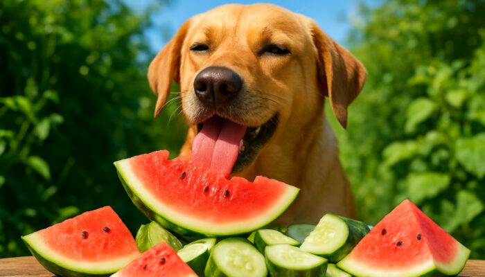 Cheerful dog munching on watermelon and cucumber in sunny summer garden.