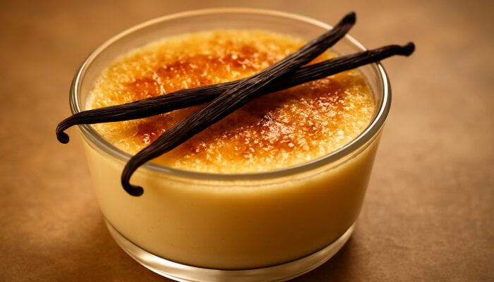 Creamy vanilla bean custard in a glass bowl, topped with fresh vanilla pods and a golden caramelised layer.