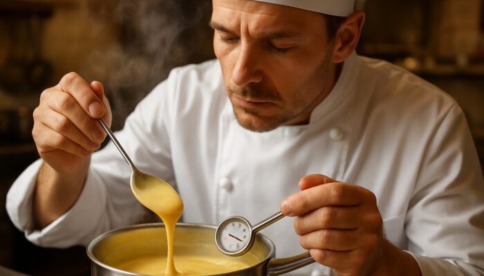 Chef stirring golden custard in saucepan, monitoring the thermometer at 82°C as steam rises.