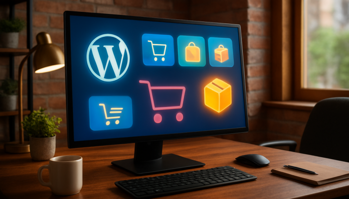 Dynamic WordPress dashboard in a Bridport office, showcasing WooCommerce e-commerce icons and shopping carts.