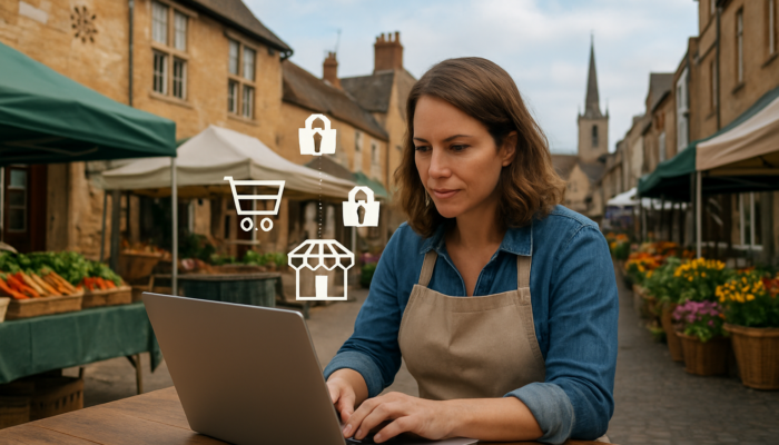 Small business owner in Newent adjusting the WooCommerce dashboard on a laptop amid market stalls and e-commerce graphics.