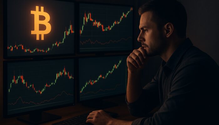 Concentrated trader analysing Bitcoin candlestick charts and backtesting graphs on multiple screens.